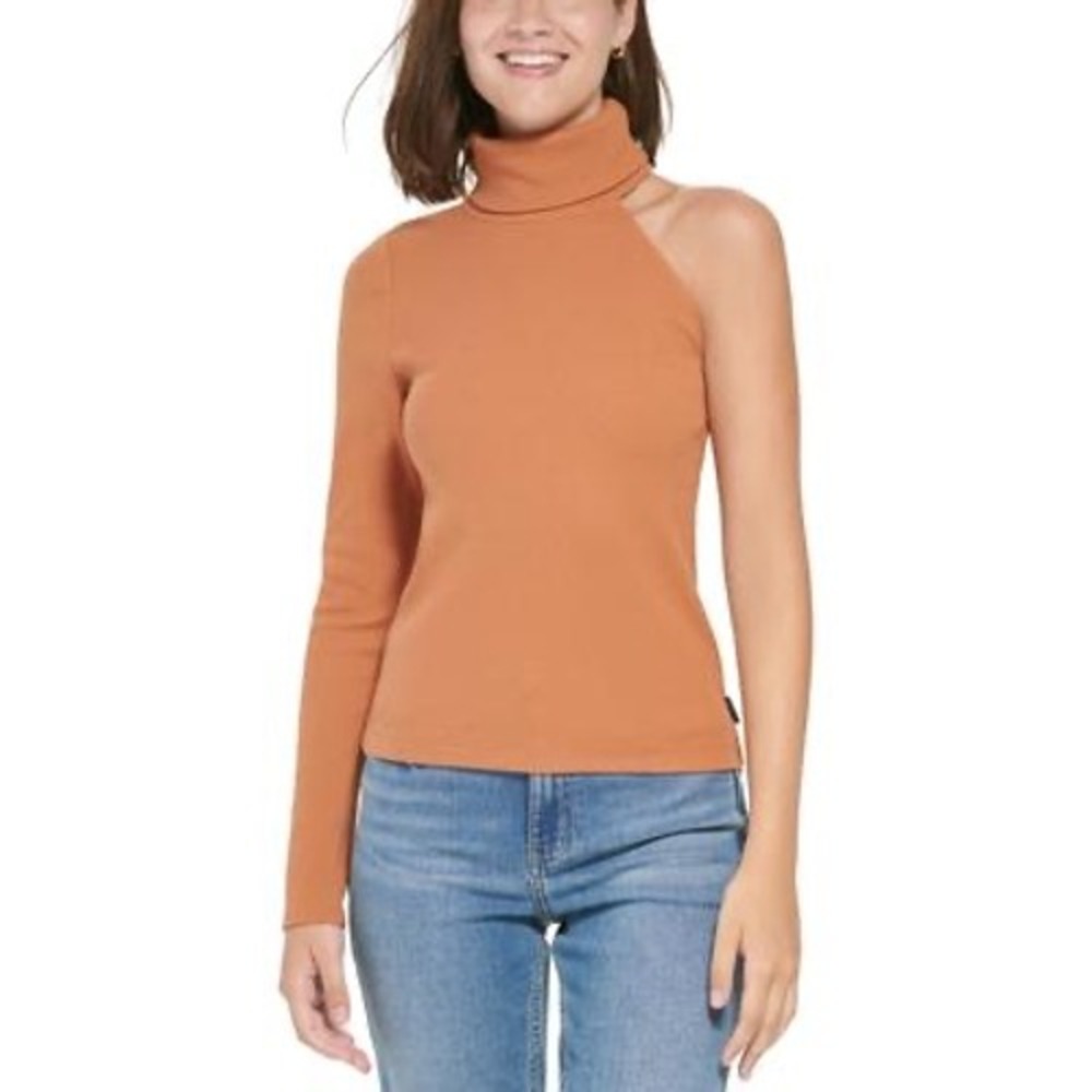Calvin Klein Jeans Women's One Shoulder Turtleneck Top Burnt Ginger XS